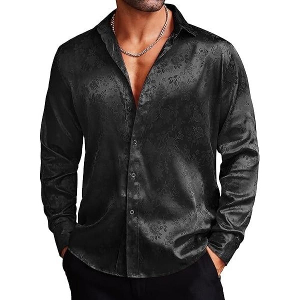 Coofandy - Shirt Satin Long Sleeve Rose Floral Button Up - Size M - Black - Picture 5 of 7